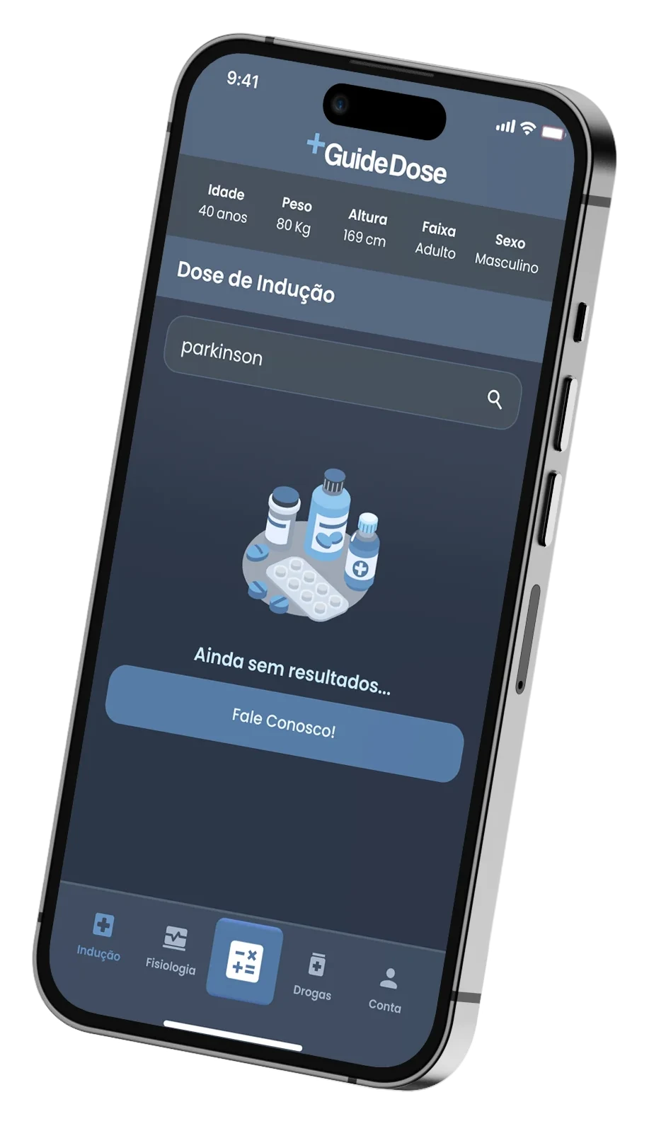 Tela de busca de dose do aplicativo GuideDose